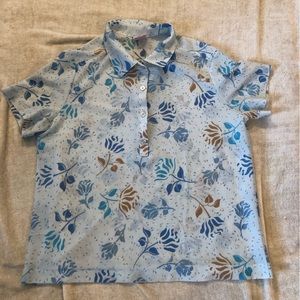 Floral Graff Californiawear polo style up t-shirt, vintage blue flower print top